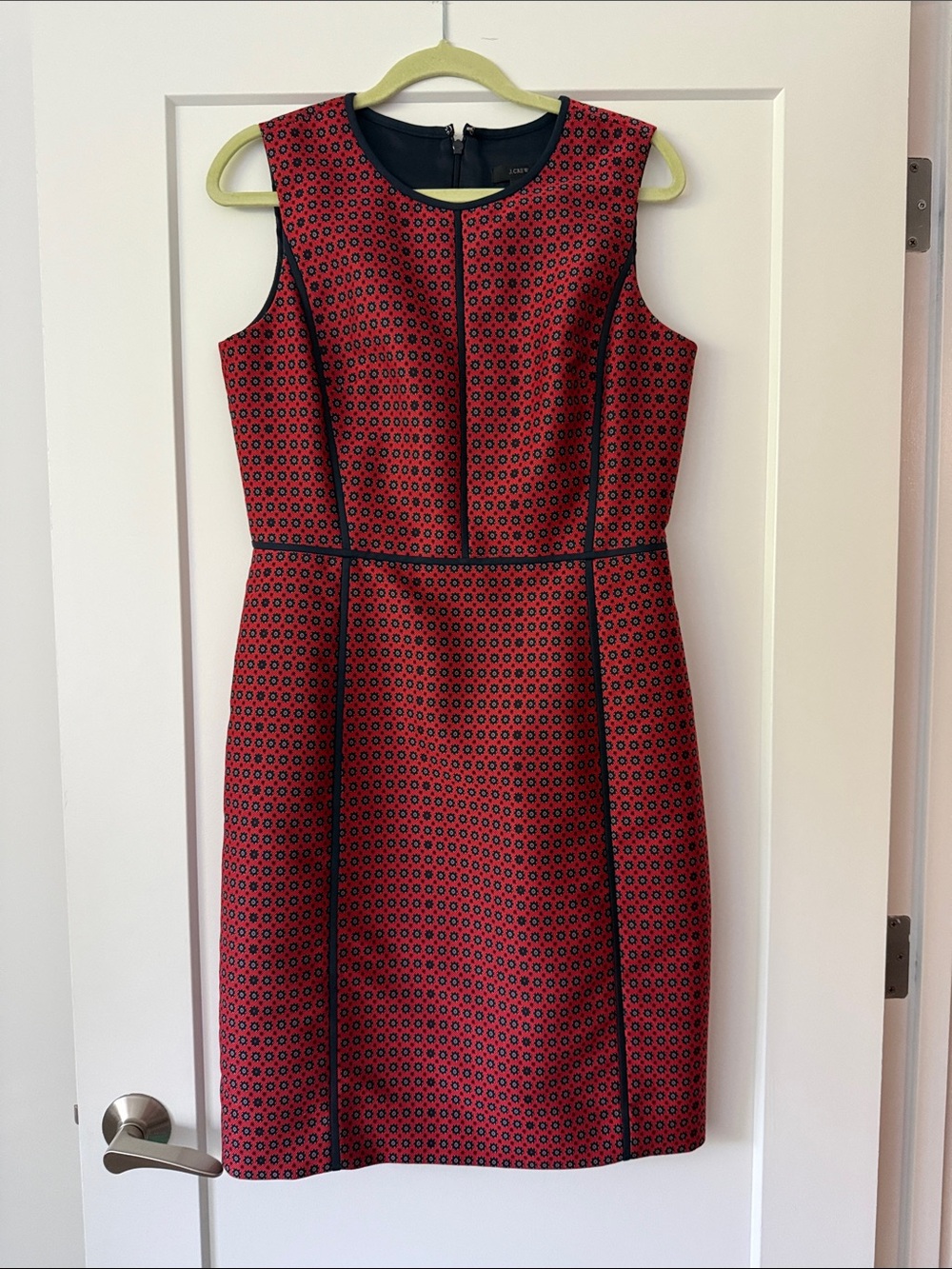 J. Crew Red Patterned Sleeveless Midi Dress with Black Trim